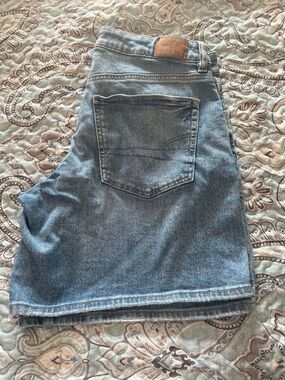 American Eagle Light Blue Denim low rise baggy shorts with Tan Patch